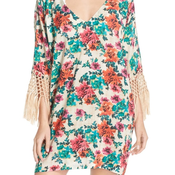 NWT ViX Fringe Trim Floral Cover-Up Dress Large - Picture 6 of 7
